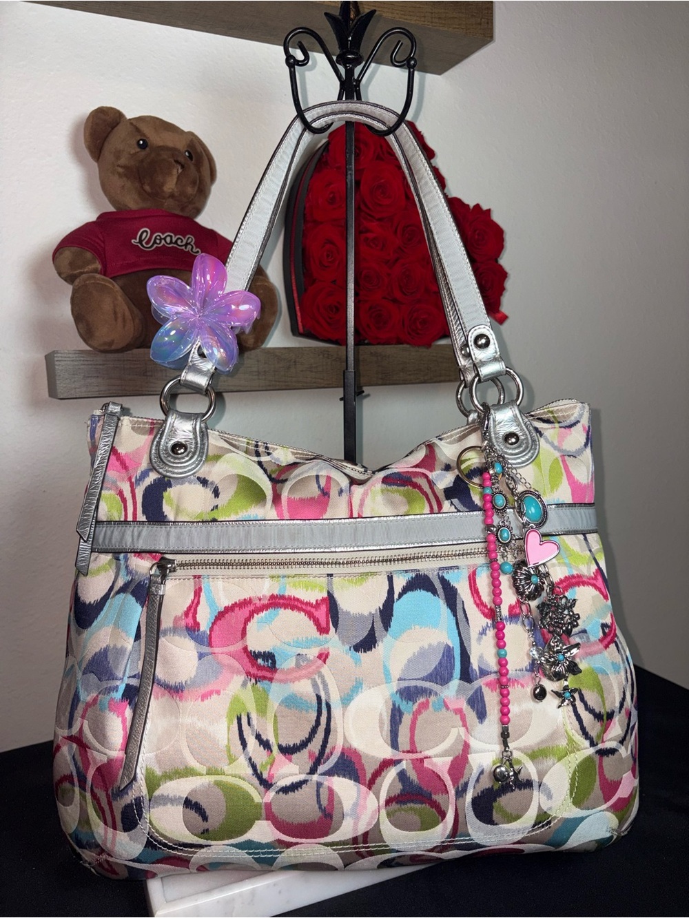 Coach Poppy Graffiti Multicolor Signature C Canvas Shoulder Bag with Silver Trim